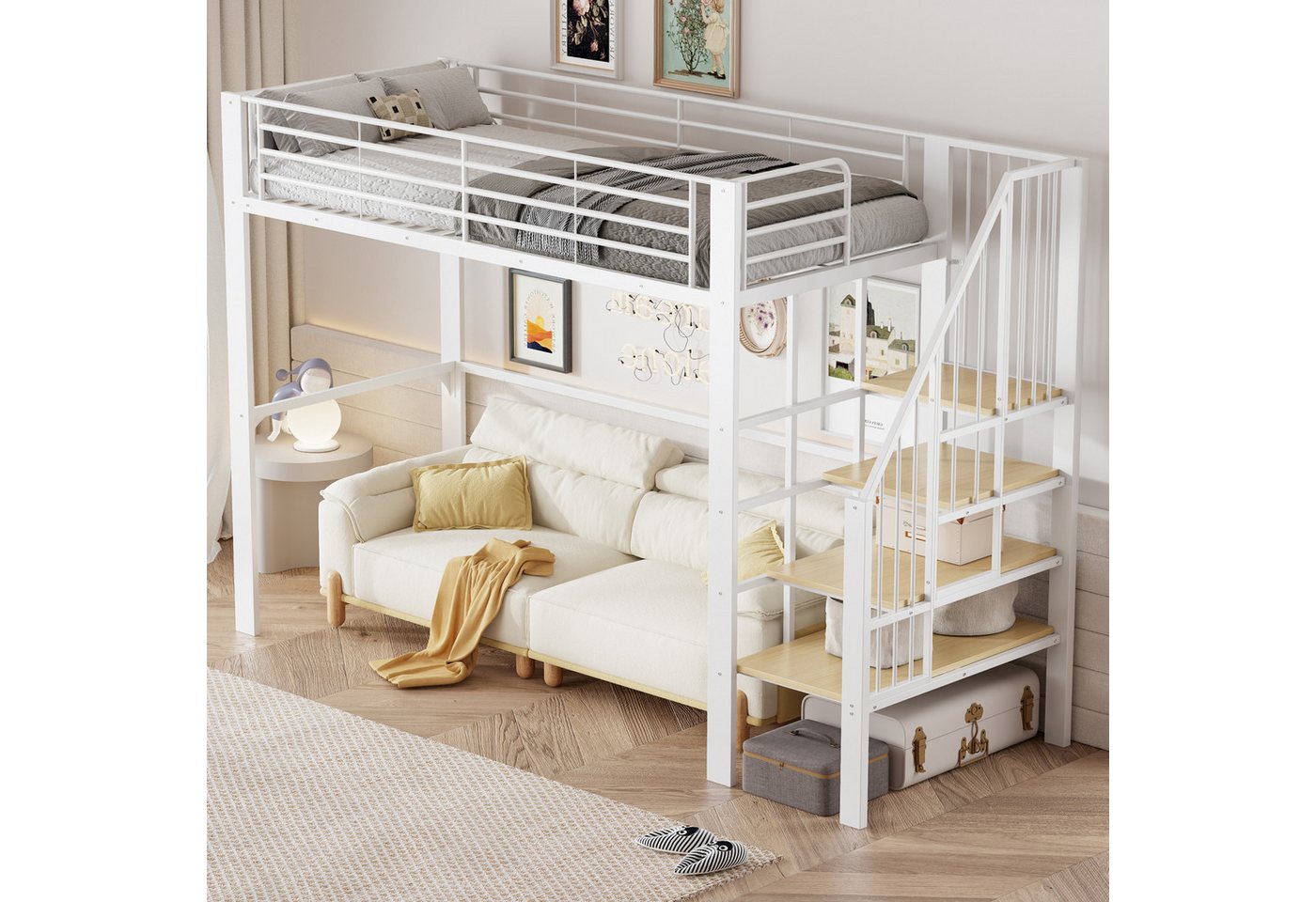 Merax Hochbett (1-St., Jugendbett Einzelbett) Metallbett Eisenbett Kinderbett 90x200cm mit Treppe & großem Stauraum – Bild 3 von 5