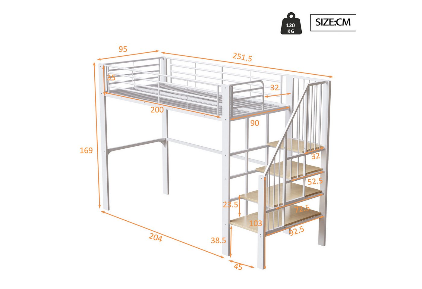 Merax Hochbett (1-St., Jugendbett Einzelbett) Metallbett Eisenbett Kinderbett 90x200cm mit Treppe & großem Stauraum – Bild 4 von 5