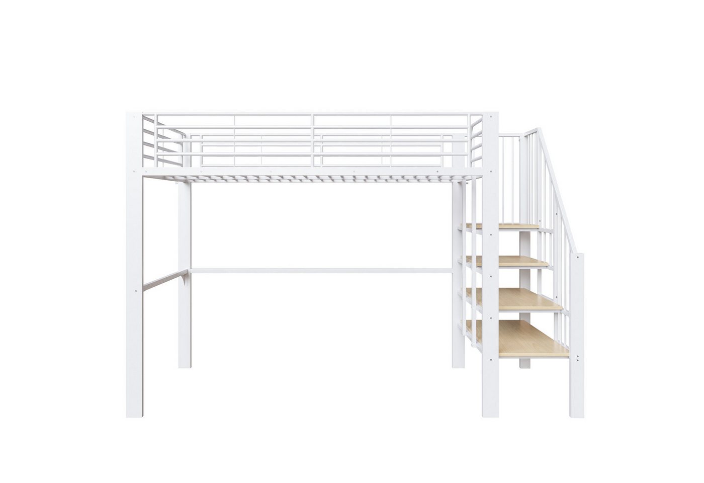 Merax Hochbett (1-St., Jugendbett Einzelbett) Metallbett Eisenbett Kinderbett 90x200cm mit Treppe & großem Stauraum – Bild 5 von 5