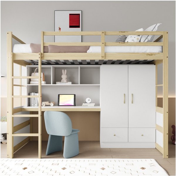 Merax Hochbett (1-St., Jugendbett Einzelbett Holzbett) Kiefer Kinderbett 90x200 cm mit Schreibtisch Kleiderschrank Schubladen