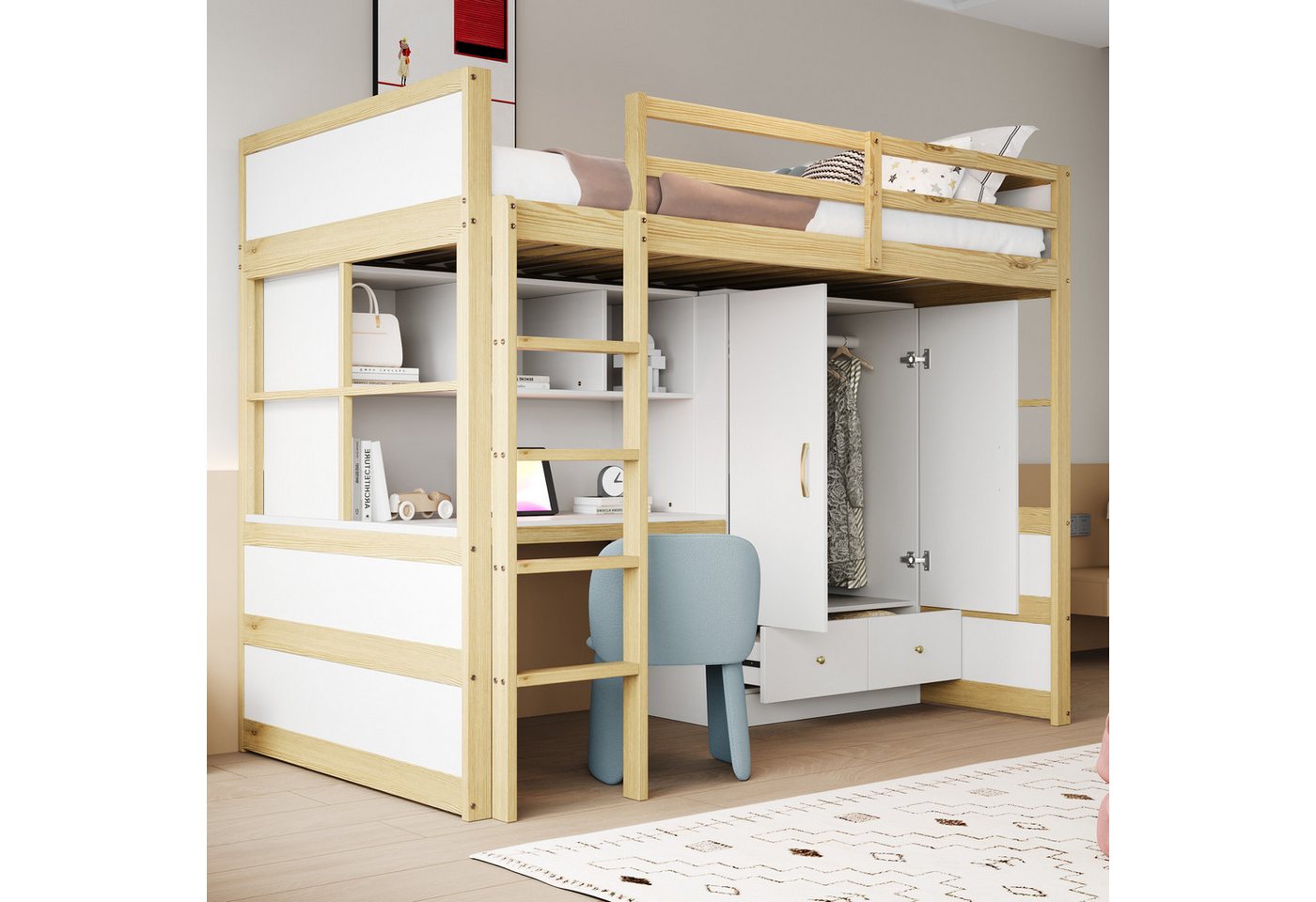 Merax Hochbett (1-St., Jugendbett Einzelbett Holzbett) Kiefer Kinderbett 90x200 cm mit Schreibtisch Kleiderschrank Schubladen – Bild 2 von 5