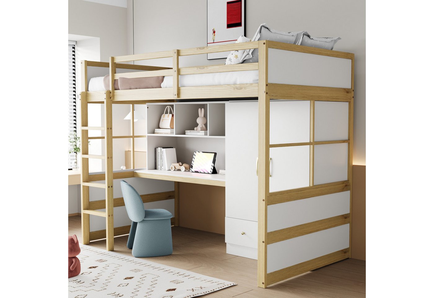Merax Hochbett (1-St., Jugendbett Einzelbett Holzbett) Kiefer Kinderbett 90x200 cm mit Schreibtisch Kleiderschrank Schubladen – Bild 3 von 5