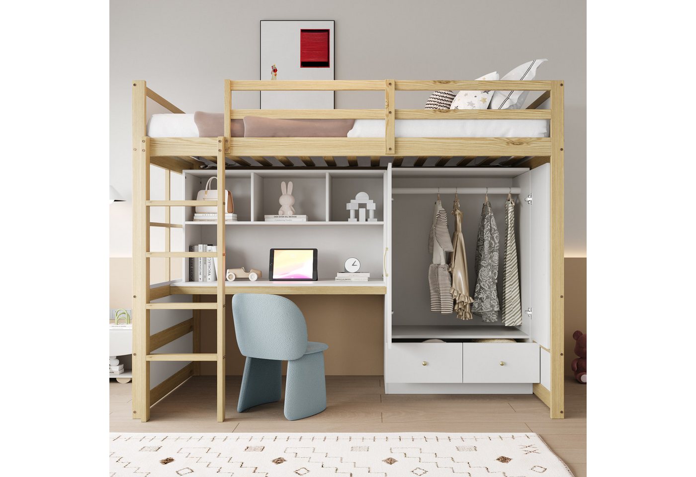Merax Hochbett (1-St., Jugendbett Einzelbett Holzbett) Kiefer Kinderbett 90x200 cm mit Schreibtisch Kleiderschrank Schubladen – Bild 4 von 5