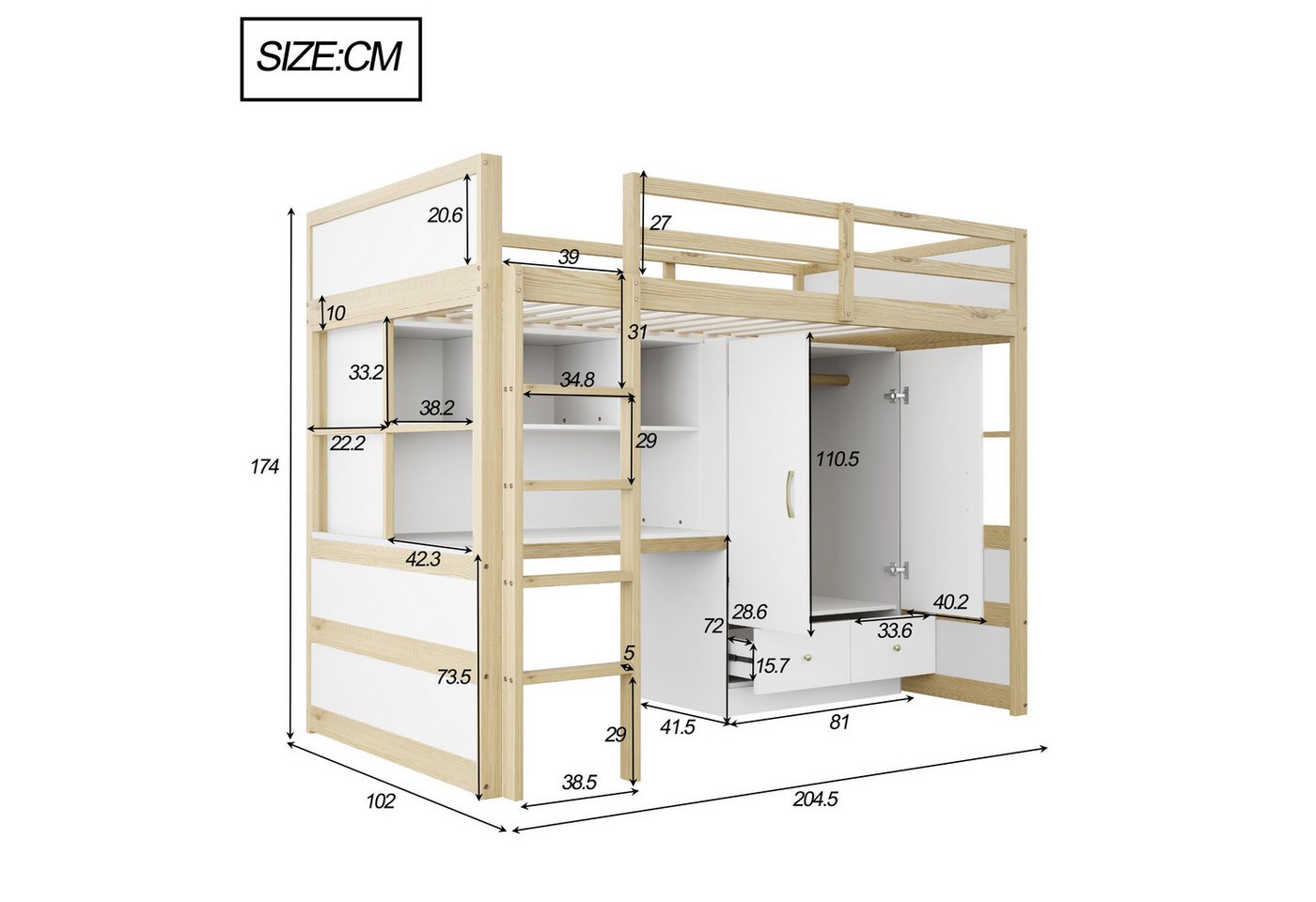 Merax Hochbett (1-St., Jugendbett Einzelbett Holzbett) Kiefer Kinderbett 90x200 cm mit Schreibtisch Kleiderschrank Schubladen – Bild 5 von 5