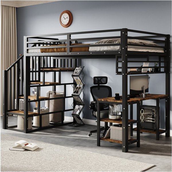Merax Hochbett 120x200cm mit integriertem Schreibtisch & stabilen Lattenrosten (1-St., Jugendbett Einzelbett) Metallbett Kinderbett mit Treppen, Handläufen & Au