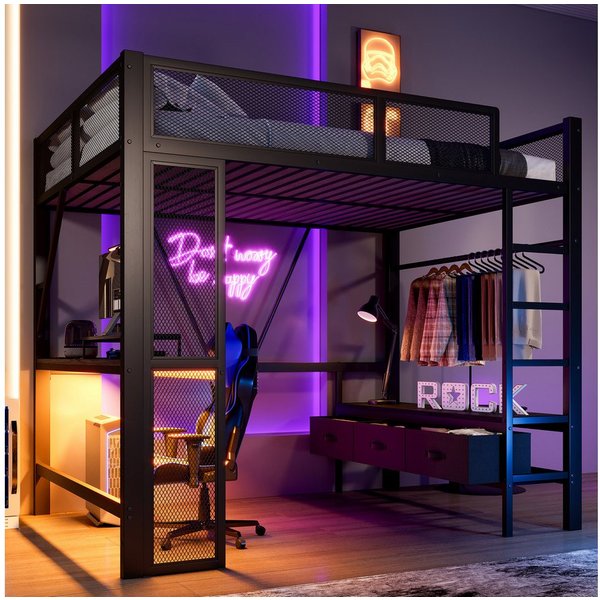 Merax Hochbett 140x200cm mit LED-Beleuchtung und USB (1-St., Etagenbett Jugendbett Einzelbett) Metallbett mit Schreibtisch, offenem Kleiderschrank und 3 Schubla