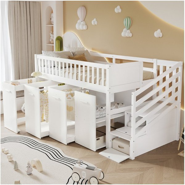 Merax Hochbett (2 Schließfächer in der Treppe, 1-St., Kieferholz Kinderbett Jugendbett Stockbett Holzbett) Etagenbett 90x200cm mit Schreibtisch Kleiderschrank &