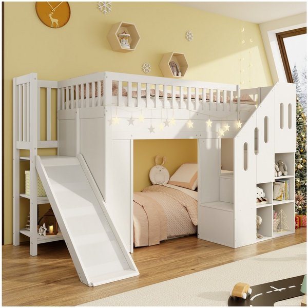 Merax Hochbett 90×200cm mit LED-Lichtleiste (1-St., Etagenbett Stockbett Jugendbett Einzelbett Hausbett) Massivholz Kinderbett mit Rutsche, Stauraumtreppe & Rau