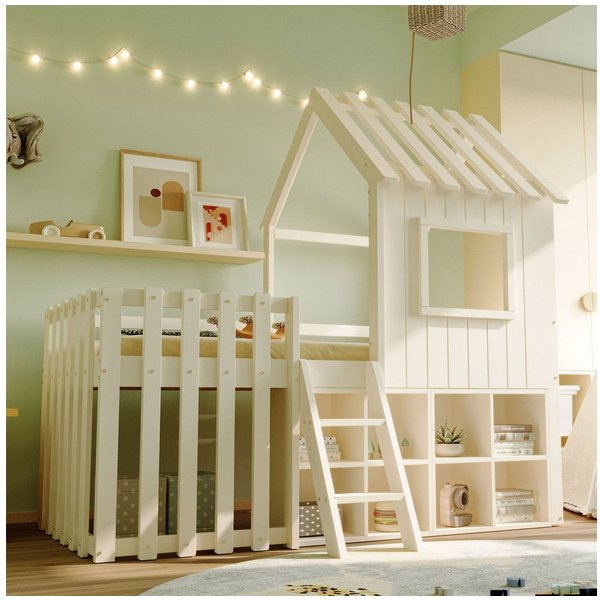 Merax Hochbett 90x200cm mit Ablageflächen, Leiter und Schutzzaun (1-St) Kinderbett mit Dach und Fenster, Spielhaus Jugendbett mit Stauraum