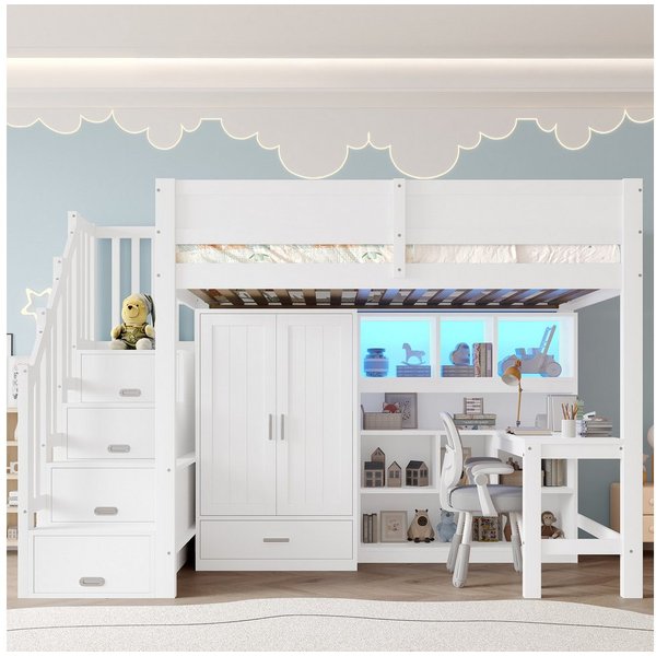 Merax Hochbett 90x200cm mit LED-Beleuchtung (1-St., Massivholz Jugendbett Einzelbett Hausbett) Kinderbett mit Schreibtisch, Kleiderschrank, Regal und Stauraumtr