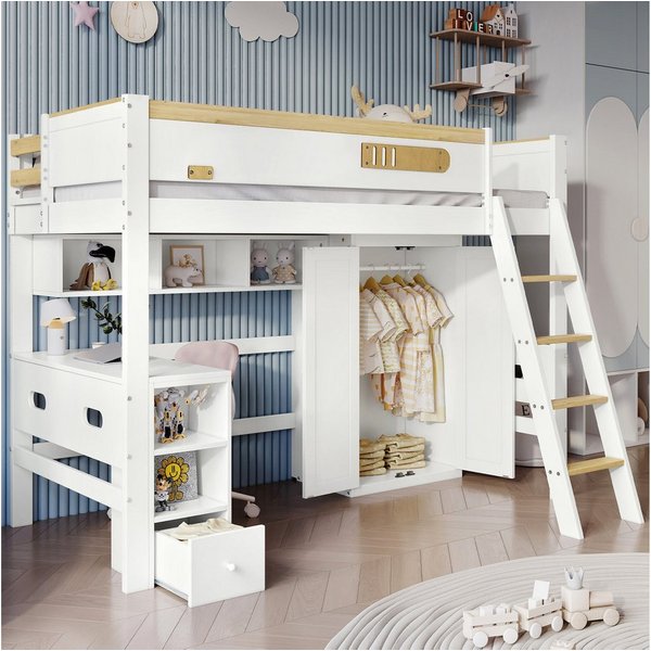 Merax Hochbett 90x200cm mit Rausfallschutz und Leiter Kinderbett mit Schreibtisch, Kleiderschrank und offenen Regale