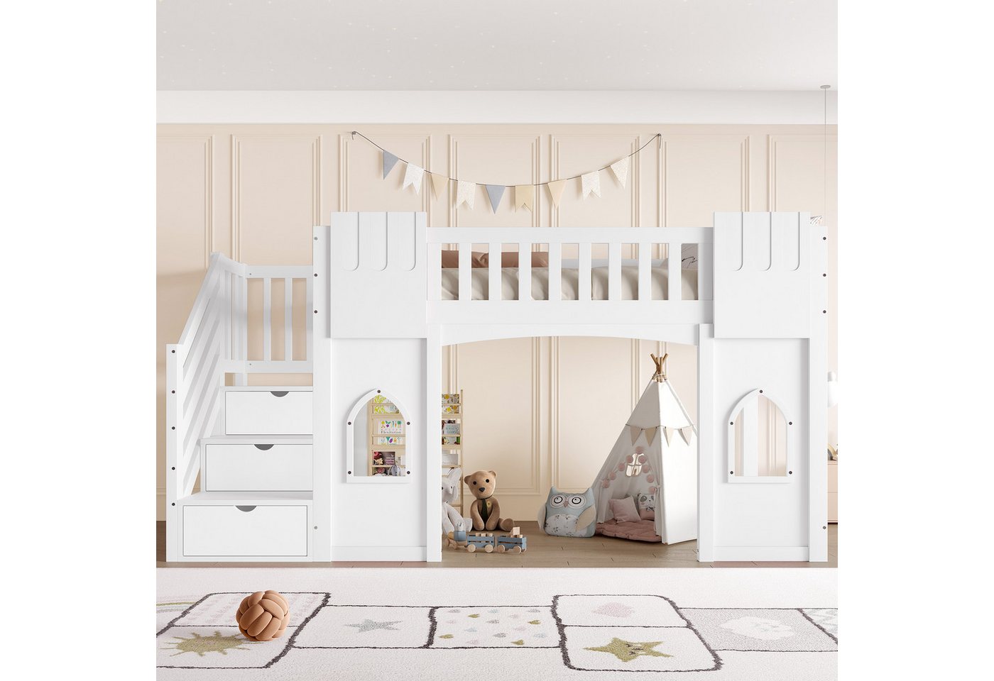 Merax Hochbett (Jugendbett Einzelbett, 1-St., Hausbett) Massivholz Kinderbett 90x200cm mit Stauraumtreppe Fenstern & Geländer – Bild 2 von 5
