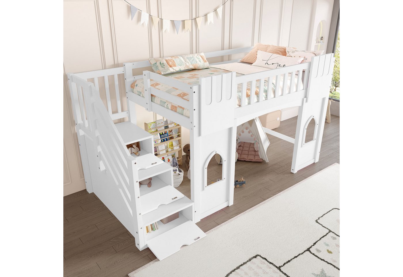 Merax Hochbett (Jugendbett Einzelbett, 1-St., Hausbett) Massivholz Kinderbett 90x200cm mit Stauraumtreppe Fenstern & Geländer – Bild 3 von 5