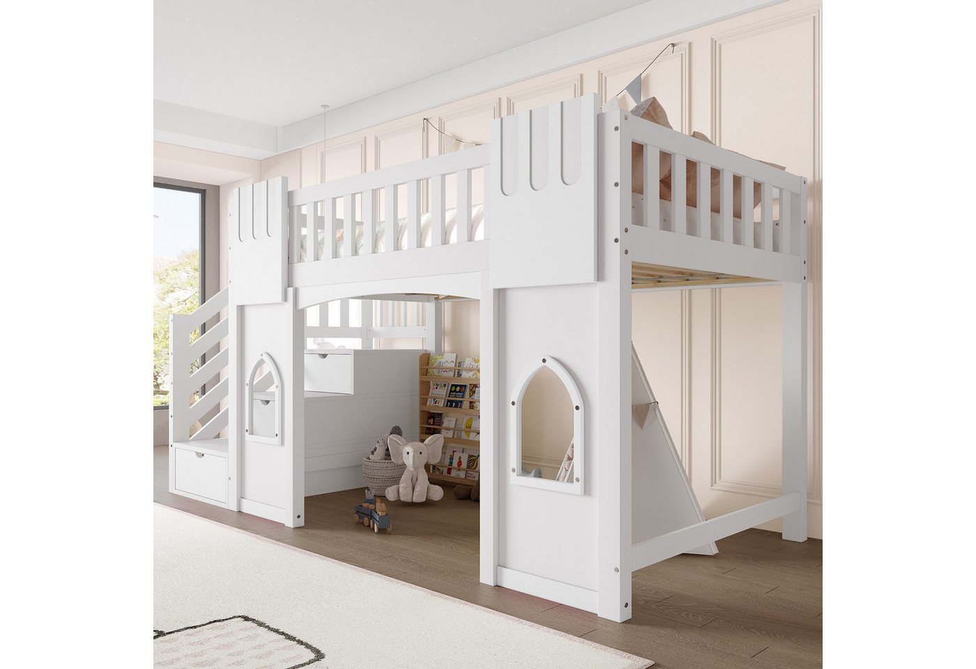 Merax Hochbett (Jugendbett Einzelbett, 1-St., Hausbett) Massivholz Kinderbett 90x200cm mit Stauraumtreppe Fenstern & Geländer – Bild 4 von 5