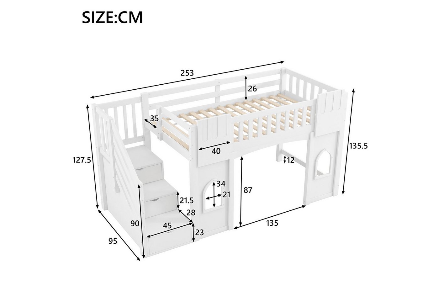 Merax Hochbett (Jugendbett Einzelbett, 1-St., Hausbett) Massivholz Kinderbett 90x200cm mit Stauraumtreppe Fenstern & Geländer – Bild 5 von 5
