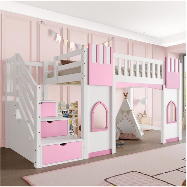 Merax Hochbett (Jugendbett Einzelbett, 1-St., Hausbett) Massivholz Kinderbett 90x200cm mit Stauraumtreppe Fenstern & Geländer