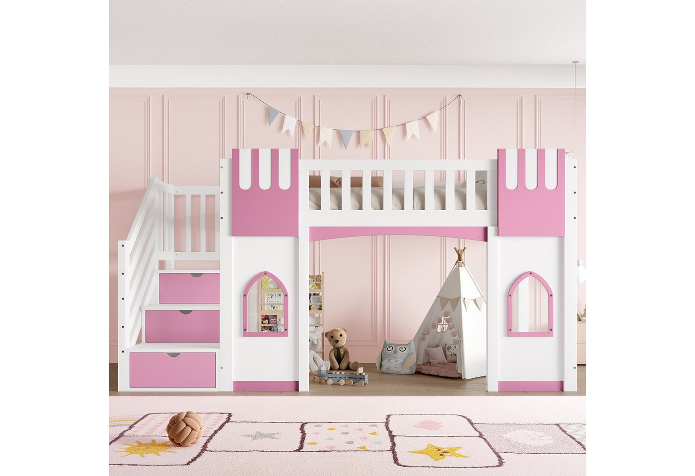 Merax Hochbett (Jugendbett Einzelbett, 1-St., Hausbett) Massivholz Kinderbett 90x200cm mit Stauraumtreppe Fenstern & Geländer – Bild 2 von 5