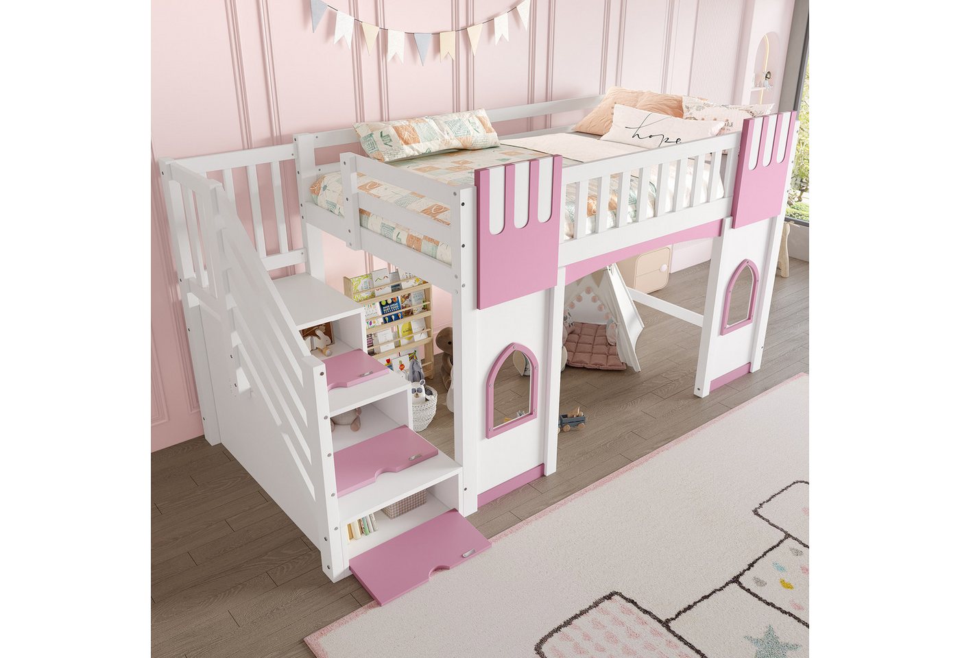 Merax Hochbett (Jugendbett Einzelbett, 1-St., Hausbett) Massivholz Kinderbett 90x200cm mit Stauraumtreppe Fenstern & Geländer – Bild 3 von 5