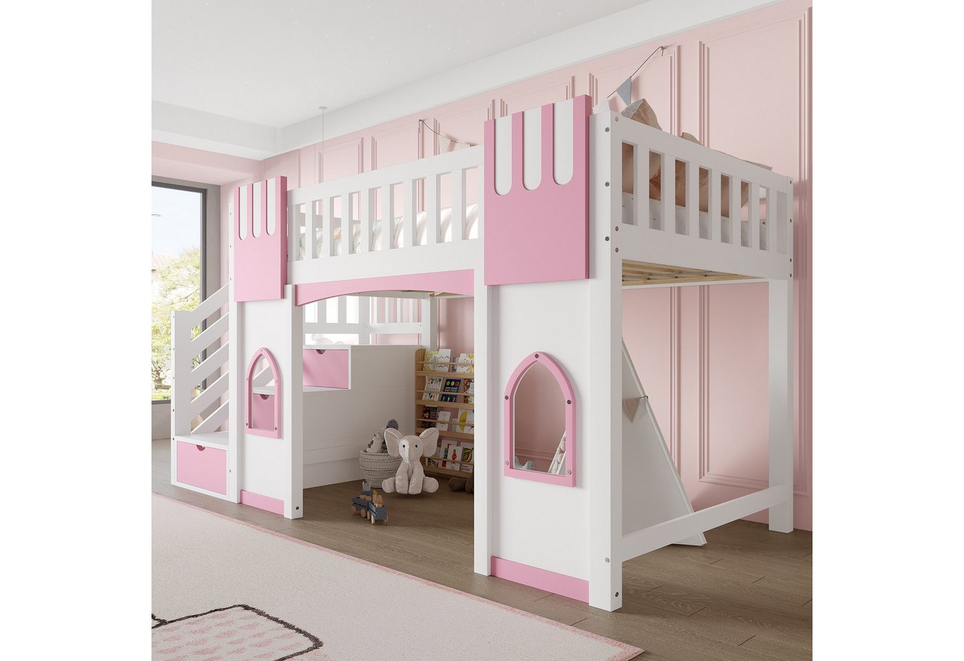 Merax Hochbett (Jugendbett Einzelbett, 1-St., Hausbett) Massivholz Kinderbett 90x200cm mit Stauraumtreppe Fenstern & Geländer – Bild 4 von 5