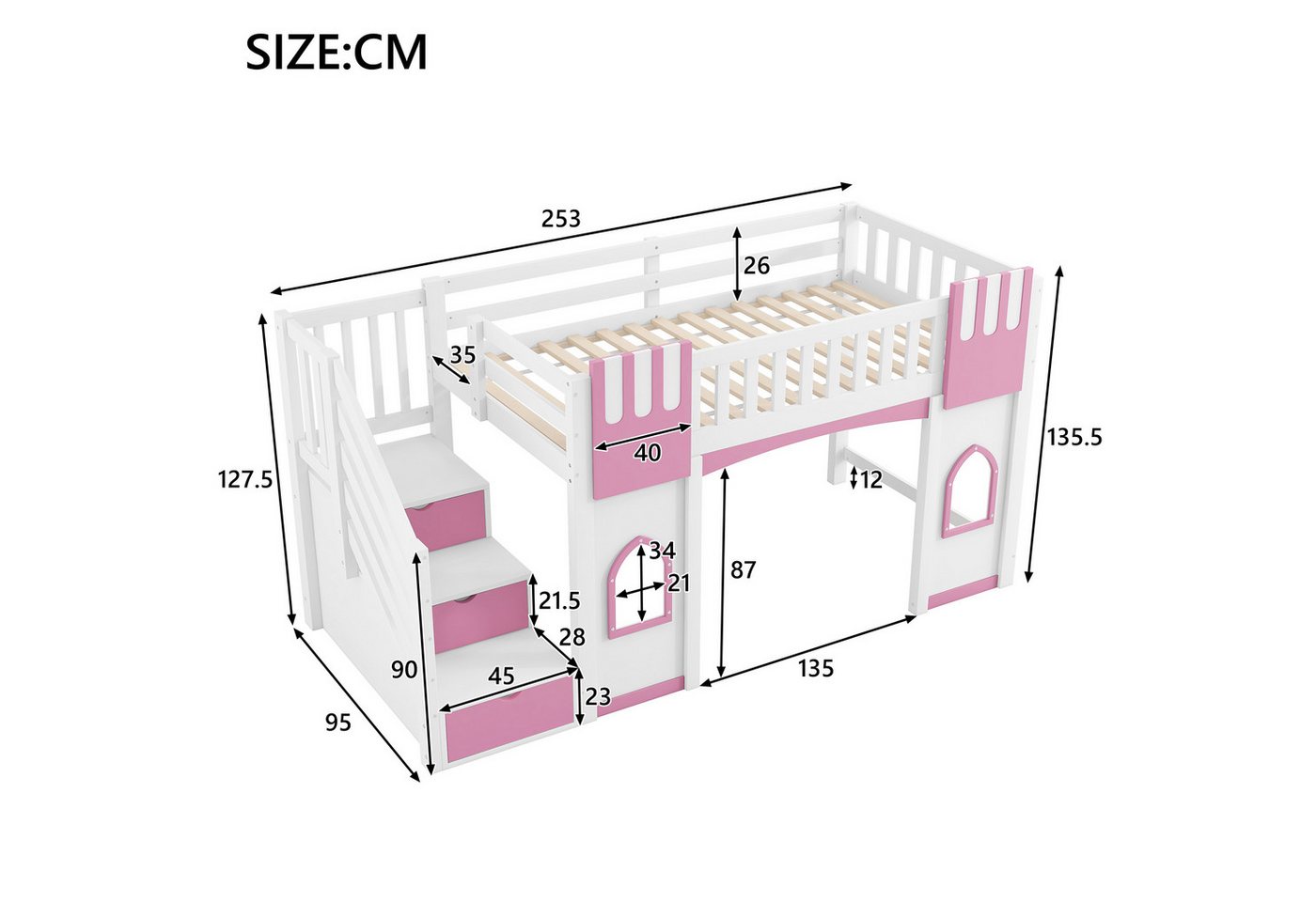 Merax Hochbett (Jugendbett Einzelbett, 1-St., Hausbett) Massivholz Kinderbett 90x200cm mit Stauraumtreppe Fenstern & Geländer – Bild 5 von 5