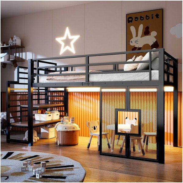 Merax Hochbett mit LED-Beleuchtung (1-St., Jugendbett Einzelbett Hausbett) Metallbett Kinderbett 90x200cm mit Treppe, Stauraum & Fenster