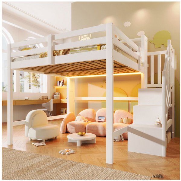 Merax Hochbett mit LED-Beleuchtung (1-St., Massivholz Jugendbett Einzelbett) Kinderbett 140x200cm mit Stauraumtreppe, Lagerregalen & Staufächern