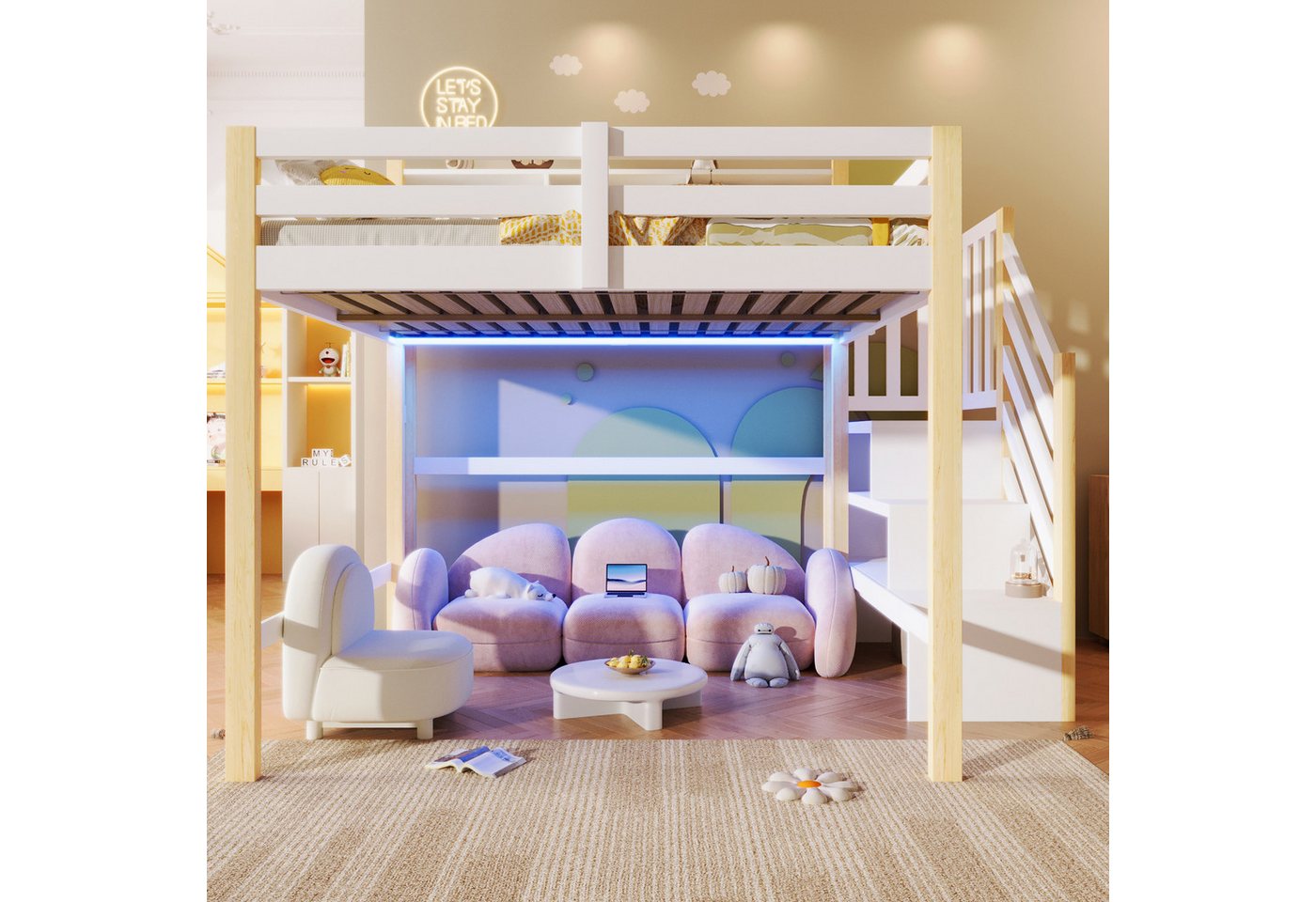 Merax Hochbett mit LED-Beleuchtung (1-St., Massivholz Jugendbett Einzelbett) Kinderbett 140x200cm mit Stauraumtreppe, Lagerregalen & Staufächern – Bild 2 von 5