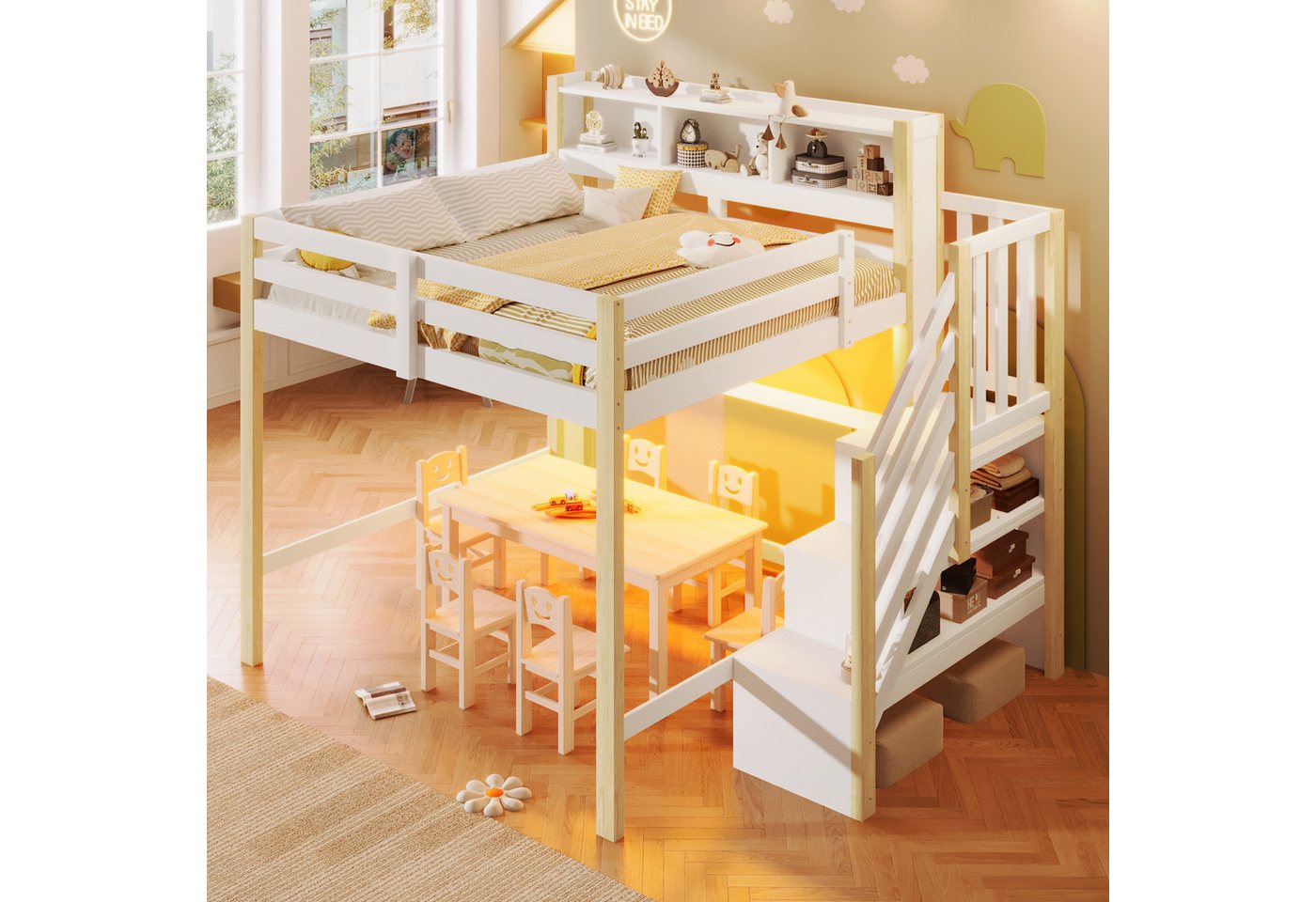 Merax Hochbett mit LED-Beleuchtung (1-St., Massivholz Jugendbett Einzelbett) Kinderbett 140x200cm mit Stauraumtreppe, Lagerregalen & Staufächern – Bild 3 von 5