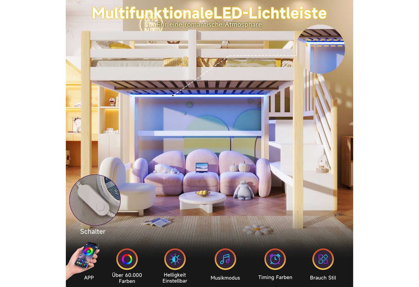 Merax Hochbett mit LED-Beleuchtung (1-St., Massivholz Jugendbett Einzelbett) Kinderbett 140x200cm mit Stauraumtreppe, Lagerregalen & Staufächern – Bild 4 von 5