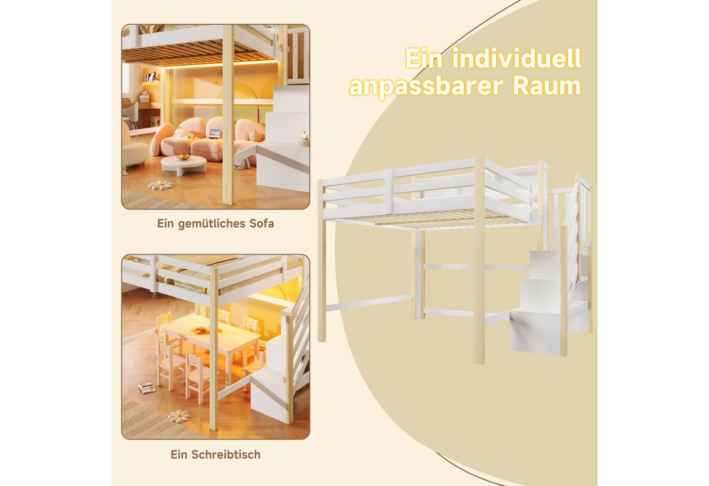 Merax Hochbett mit LED-Beleuchtung (1-St., Massivholz Jugendbett Einzelbett) Kinderbett 140x200cm mit Stauraumtreppe, Lagerregalen & Staufächern – Bild 5 von 5