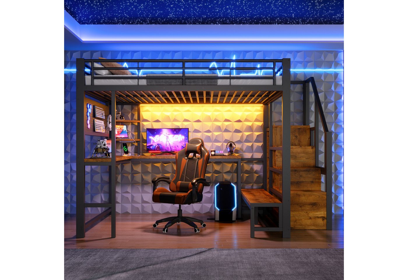 Merax Hochbett mit LED-Beleuchtung, USB- und USB-C-Anschluss (Kinderbett Jugendbett, 1-St) Metallbett 140x200cm mit Schreibtisch, Lochwand, Regalen,Leiterschran – Bild 2 von 5