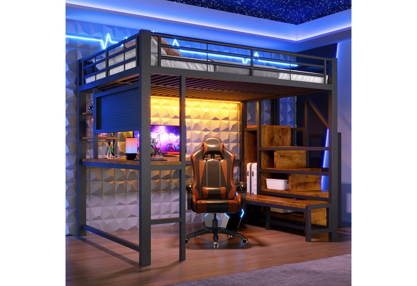 Merax Hochbett mit LED-Beleuchtung, USB- und USB-C-Anschluss (Kinderbett Jugendbett, 1-St) Metallbett 140x200cm mit Schreibtisch, Lochwand, Regalen,Leiterschran – Bild 4 von 5
