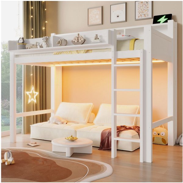 Merax Hochbett mit LED-Beleuchtung & USB-Anschluss (1-St., Jugendbett Einzelbett Holzbett) Kiefer Kinderbett 90x200cm mit Schreibtisch Geländer Leiter Stauraum