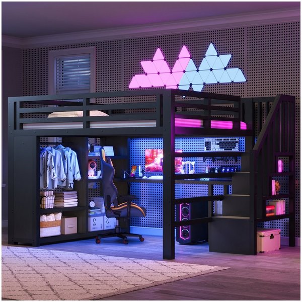 Merax Hochbett mit LED-Beleuchtung & USB-Anschluss (Kinderbett Jugendbett, 1-St) Metallbett 140x200cm mit Schreibtisch Kleiderschrank Treppe Stauraum