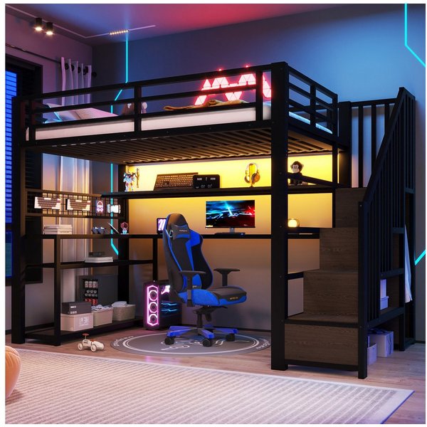 Merax Hochbett mit LED, Jugendbett Kinderbett (1-St) Metallbett 90x200cm mit Schreibtisch, Kleiderschrank, Stauraum,Treppe