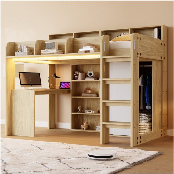Merax Hochbett mit LED-Licht und Steckdose, in Holzoptik (Etagenbett Jugendbett Einzelbett, 1-St) Kinderbett 90×200cm mit Schreibtisch, Kleiderschrank & Ablagef