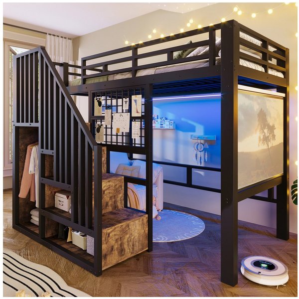 Merax Hochbett mit LED-Licht, Metallbett Jugendbett Einzelbett (1-St) 90x200cm mit Treppe, Kleiderstange, Gitter & Projektoraufhängung
