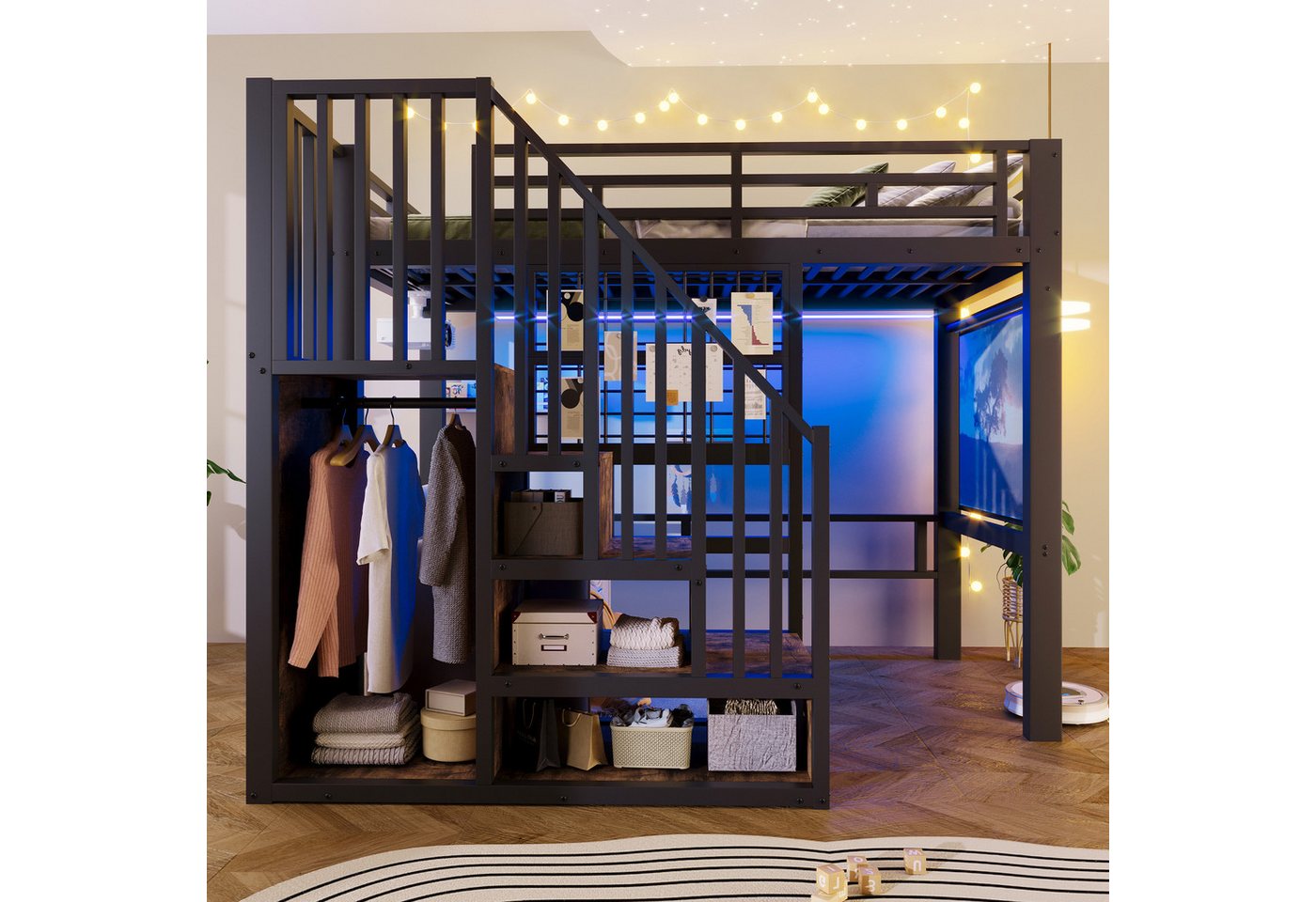 Merax Hochbett mit LED-Licht, Metallbett Jugendbett Einzelbett (1-St) 90x200cm mit Treppe, Kleiderstange, Gitter & Projektoraufhängung – Bild 2 von 5