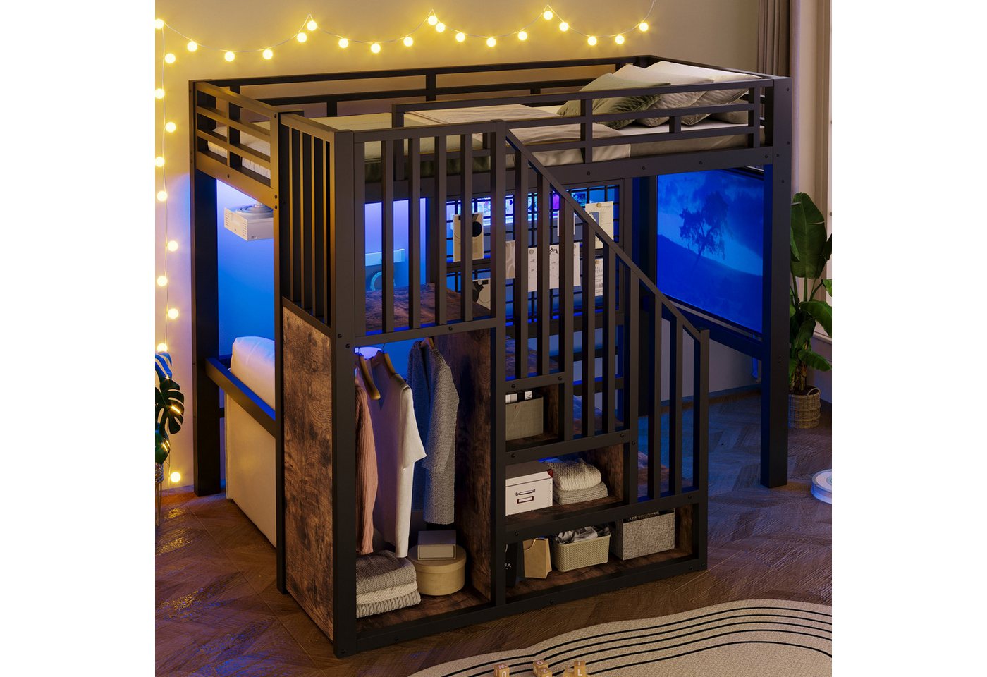 Merax Hochbett mit LED-Licht, Metallbett Jugendbett Einzelbett (1-St) 90x200cm mit Treppe, Kleiderstange, Gitter & Projektoraufhängung – Bild 3 von 5