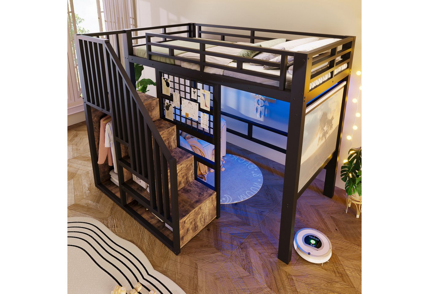 Merax Hochbett mit LED-Licht, Metallbett Jugendbett Einzelbett (1-St) 90x200cm mit Treppe, Kleiderstange, Gitter & Projektoraufhängung – Bild 4 von 5