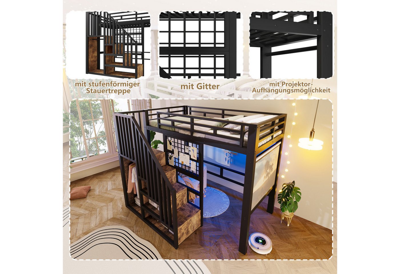 Merax Hochbett mit LED-Licht, Metallbett Jugendbett Einzelbett (1-St) 90x200cm mit Treppe, Kleiderstange, Gitter & Projektoraufhängung – Bild 5 von 5