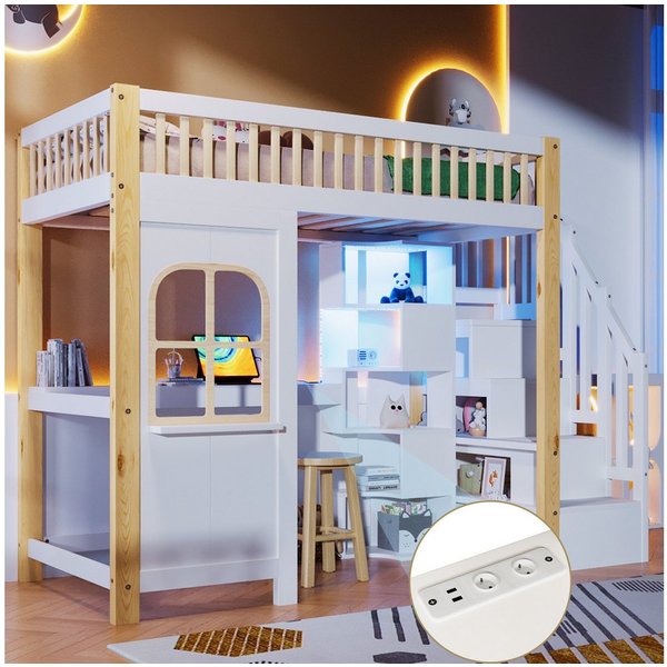 Merax Hochbett mit LED und Steckdose (1-St., Stockbett Jugendbett Hausbett Etagenbett Einzelbett) Kinderbett 90x200cm mit Schreibtisch, Ablagefächern, Treppe & 