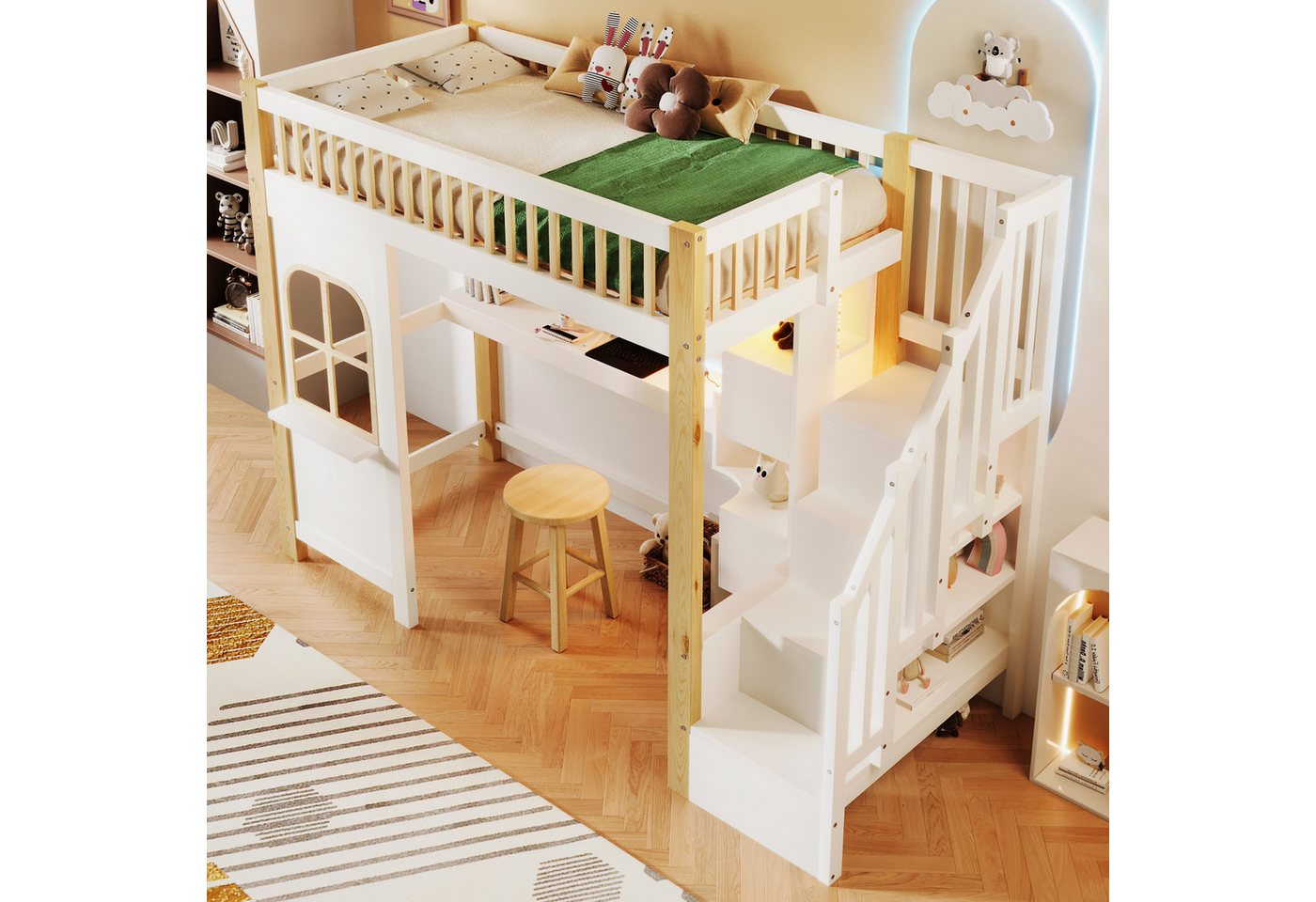 Merax Hochbett mit LED und Steckdose (1-St., Stockbett Jugendbett Hausbett Etagenbett Einzelbett) Kinderbett 90x200cm mit Schreibtisch, Ablagefächern, Treppe &  – Bild 3 von 5