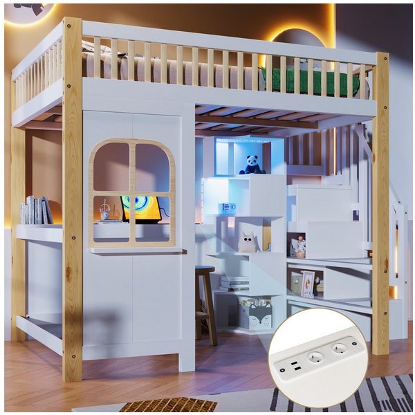 Merax Hochbett mit LED und Steckdose (1-St., Stockbett Jugendbett Hausbett Etagenbett Einzelbett) Kinderbett 140x200cm mit Schreibtisch, Ablagefächern, Treppe &
