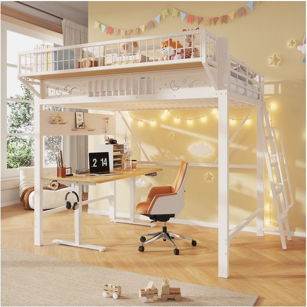 Merax Hochbett mit Stauraumfächern, flexibler Treppe & offener Unterfläche (1-St) Metallbett 140x200cm mit Ablagefach, Jugendbett Kinderbett