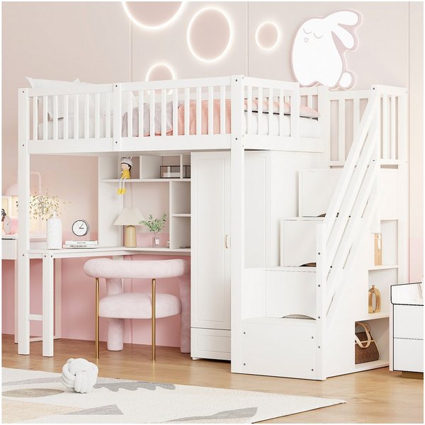 Merax Hochbett (Stauraumtreppe mit Schubladen, 1-St., Jugendbett Einzelbett Holzbett Etagenbett) Kieferholz Kinderbett 90x200cm mit großem Kleiderschrank,Regal 