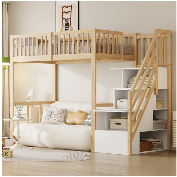 Merax Hochbett (viel Platz unter dem Bett, 1-St., Etagenbett Jugendbett Einzelbett, stabil & platzsparend) Kiefer Kinderbett 90x200cm mit Stauraumtreppe & Siche
