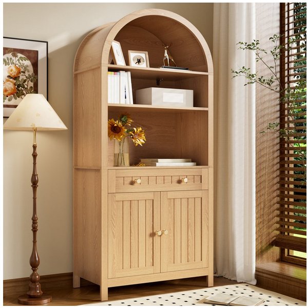 Merax Hochschrank mit Bogenfront, Küchenschrank mit Gewürzregalen (1-St) Sideboard mit Doppeltüren & Schublade,Aufbewahrungsschrank,76x40x180cm