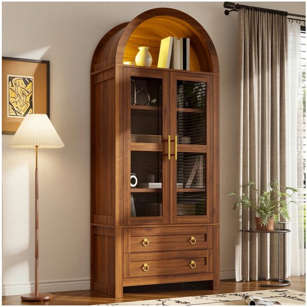 Merax Hochschrank mit LED-Beleuchtung,Standvitrine Vitrinenschrank mit Retro-Bogendesign (Aufbewahrungsschrank Buffetschrank Anrichte, 1-St., 76 x 40 x 180 cm) 