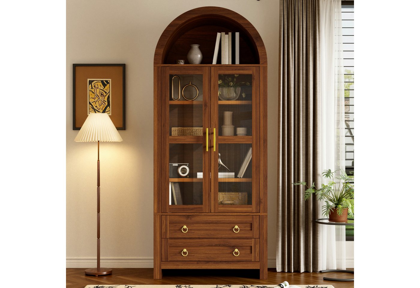 Merax Hochschrank mit LED-Beleuchtung,Standvitrine Vitrinenschrank mit Retro-Bogendesign (Aufbewahrungsschrank Buffetschrank Anrichte, 1-St., 76 x 40 x 180 cm)  – Bild 2 von 5